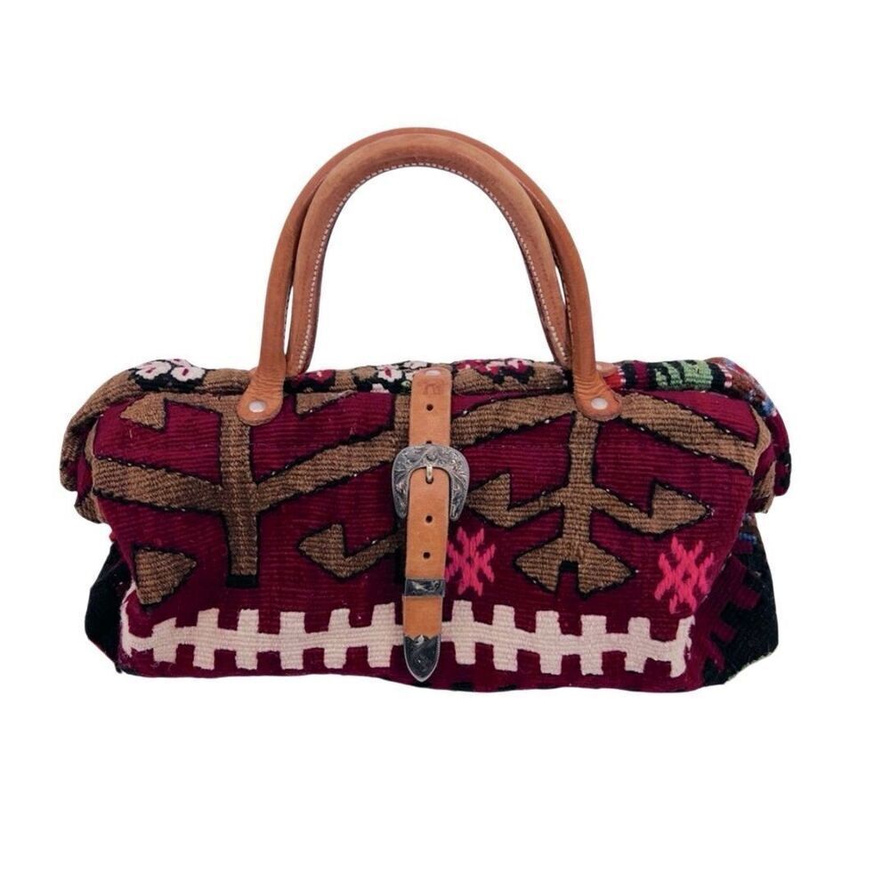 The Elephant Walk Bag Leather Fabric Red Brown Hand Crafted - Picture 2 of 8